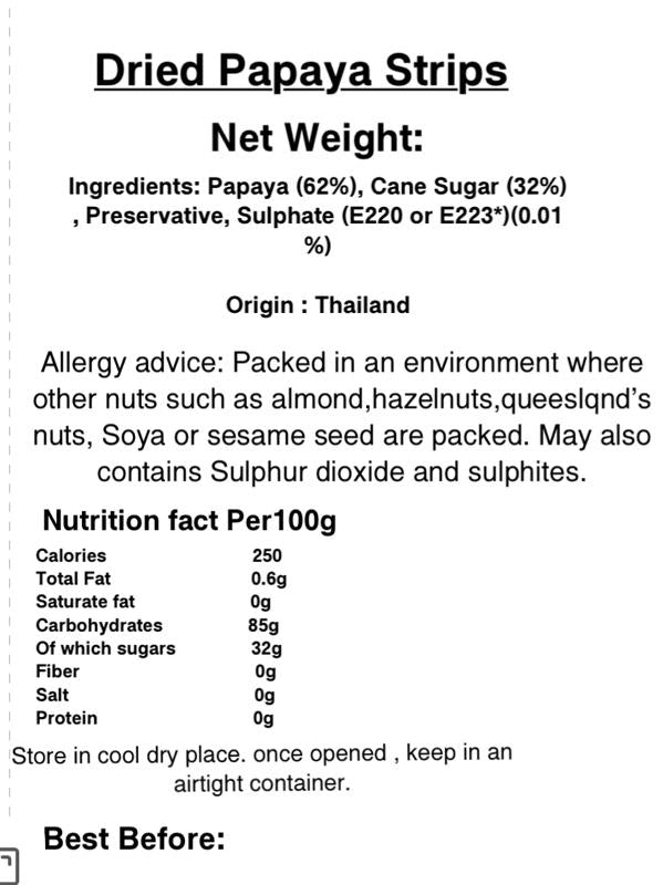 Dried Papaya Strips - Sugar added -Snack Sweet Dry